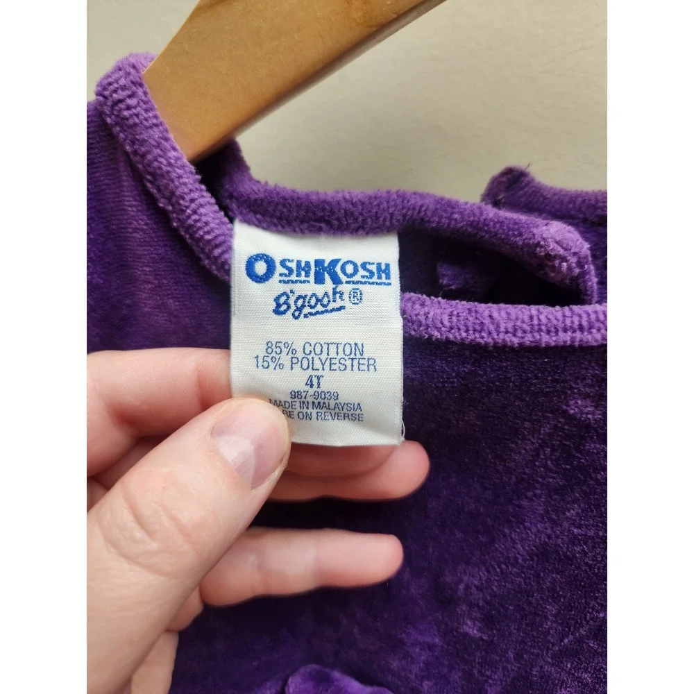 Vintage OshKosh Bgosh Girls Purple Velour Long‎ Sleeve Bow Dress 4T 987-9039